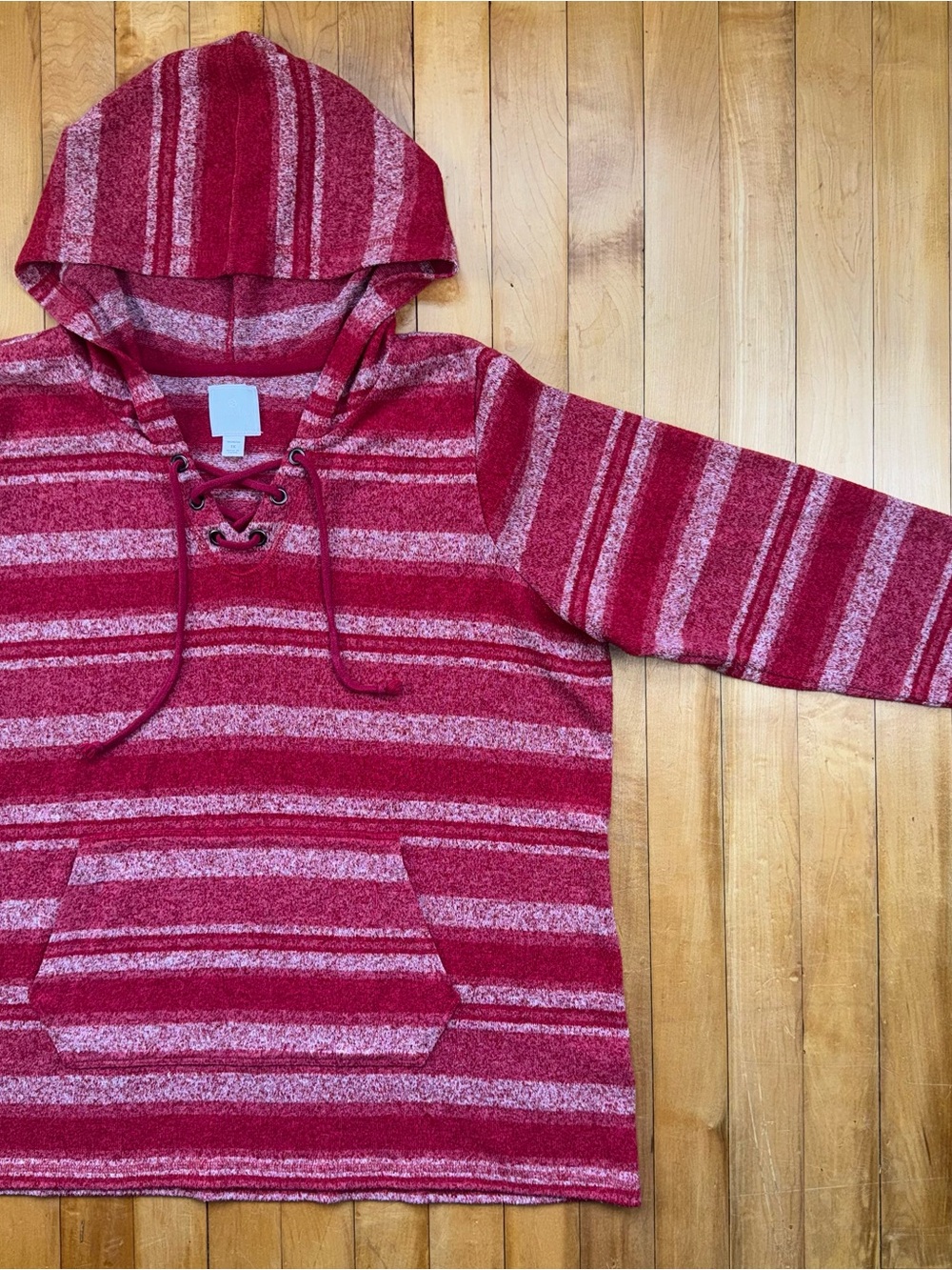 Sunday Women’s 1X Red Striped Baja Hoodie Lace Up Pullover Kangaroo Pocket Boho